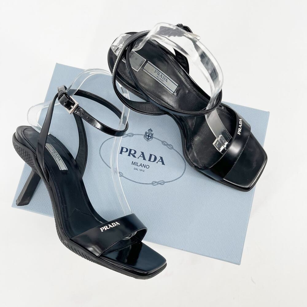 Prada Black Leather Logo Ankle Strap Strappy Sporty Heel Sandal size IT 39 - Picture 2 of 14
